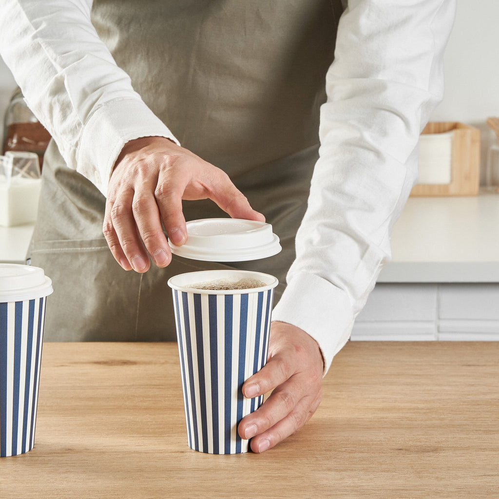 Restpresso 16 oz Blue and White Stripe Paper Single Wall Coffee Cup - with White Lid - 3 1/2"x 3 1/2"x 5 3/4" - 20 count box