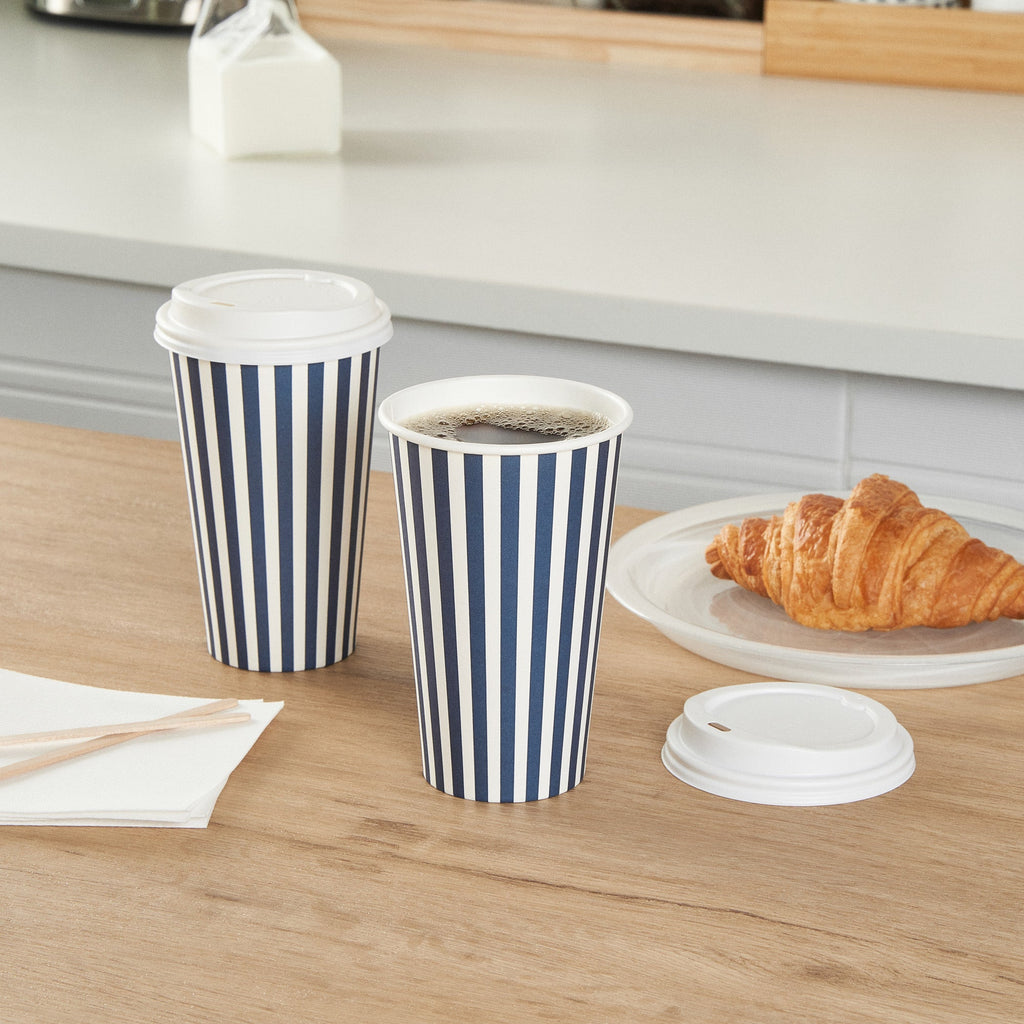 Restpresso 16 oz Blue and White Stripe Paper Single Wall Coffee Cup - with White Lid - 3 1/2"x 3 1/2"x 5 3/4" - 400 count box