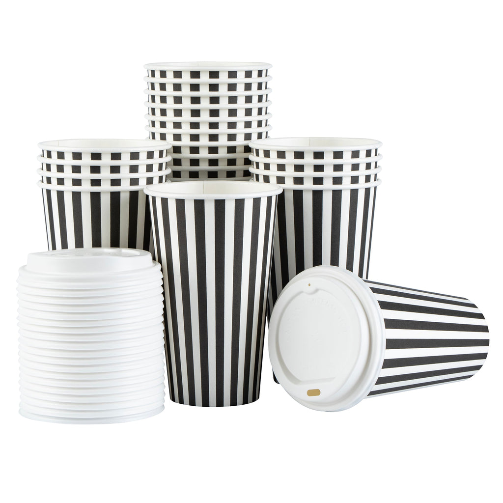 Restpresso 16 oz Black and White Stripe Paper Single Wall Coffee Cup - with White Lid - 3 1/2"x 3 1/2"x 5 3/4" - 20 count box