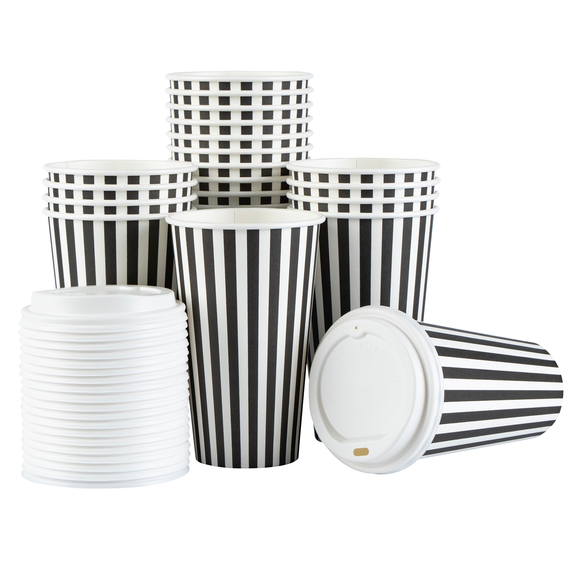 Restpresso 16 oz Black and White Stripe Paper Single Wall Coffee Cup - with White Lid - 3 1/2"x 3 1/2"x 5 3/4" - 20 count box