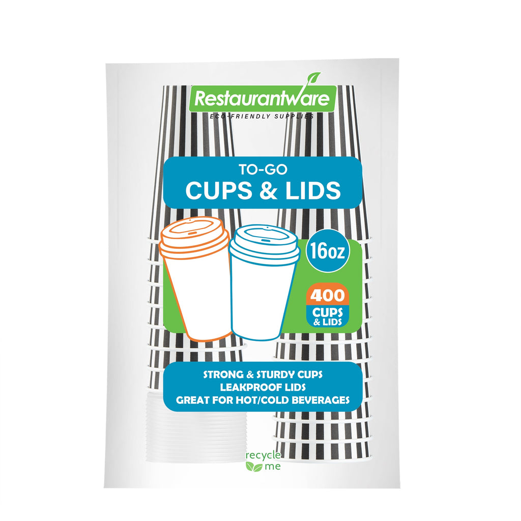 Restpresso 16 oz Black and White Stripe Paper Single Wall Coffee Cup - with White Lid - 3 1/2"x 3 1/2"x 5 3/4" - 20 count box