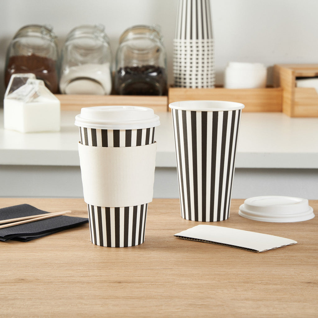 Restpresso 16 oz Black and White Stripe Paper Single Wall Coffee Cup - with White Lid - 3 1/2"x 3 1/2"x 5 3/4" - 20 count box