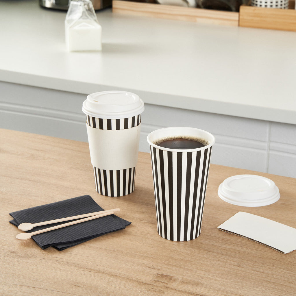 Restpresso 16 oz Black and White Stripe Paper Single Wall Coffee Cup - with White Lid - 3 1/2"x 3 1/2"x 5 3/4" - 20 count box