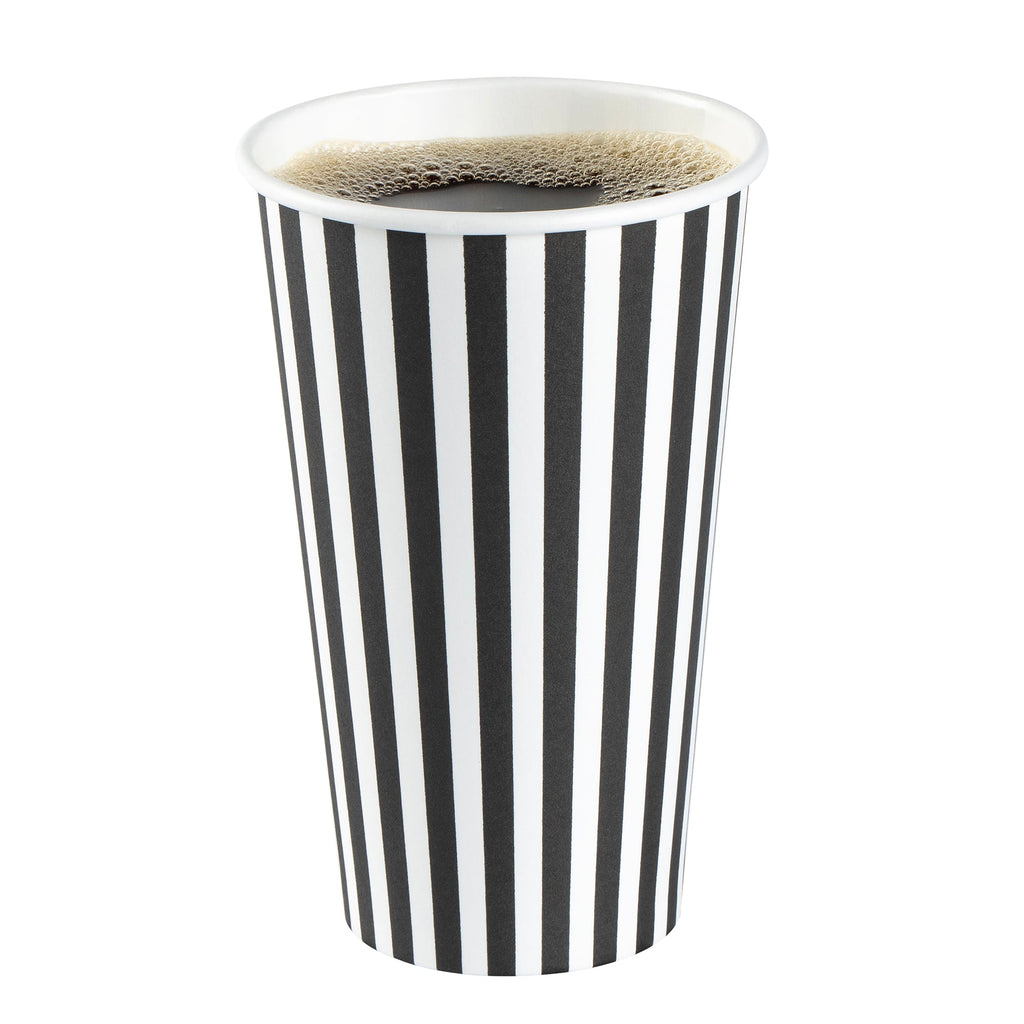 Restpresso 16 oz Black and White Stripe Paper Single Wall Coffee Cup - with White Lid - 3 1/2"x 3 1/2"x 5 3/4" - 400 count box