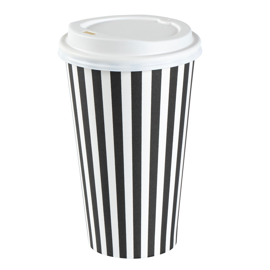 Restpresso 16 oz Black and White Stripe Paper Single Wall Coffee Cup - with White Lid - 3 1/2"x 3 1/2"x 5 3/4" - 400 count box