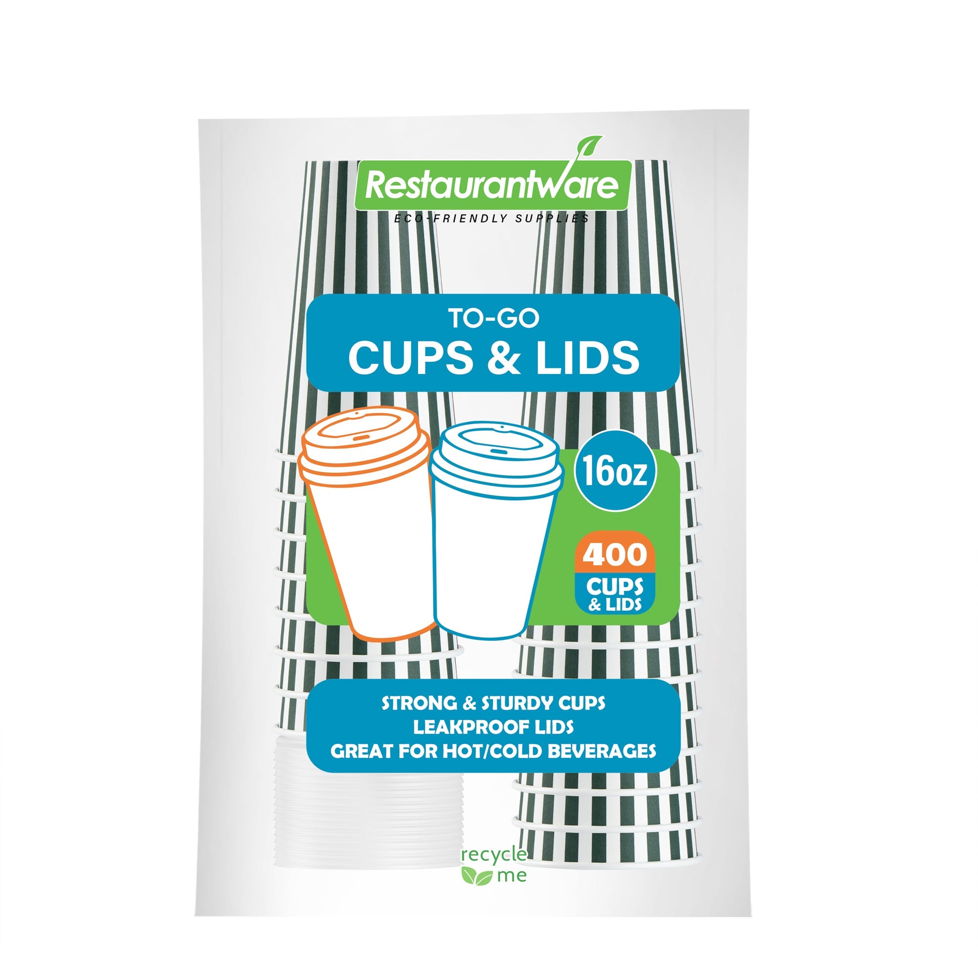 Restpresso 16 oz Forest Green and White Stripe Paper Single Wall Coffee Cup - with White Lid - 3 1/2"x 3 1/2"x 5 3/4" - 20 count box