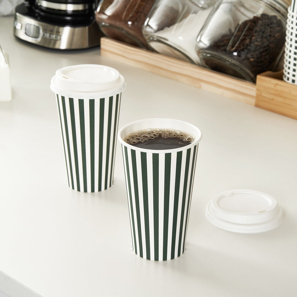 Restpresso 16 oz Forest Green and White Stripe Paper Single Wall Coffee Cup - with White Lid - 3 1/2"x 3 1/2"x 5 3/4" - 20 count box