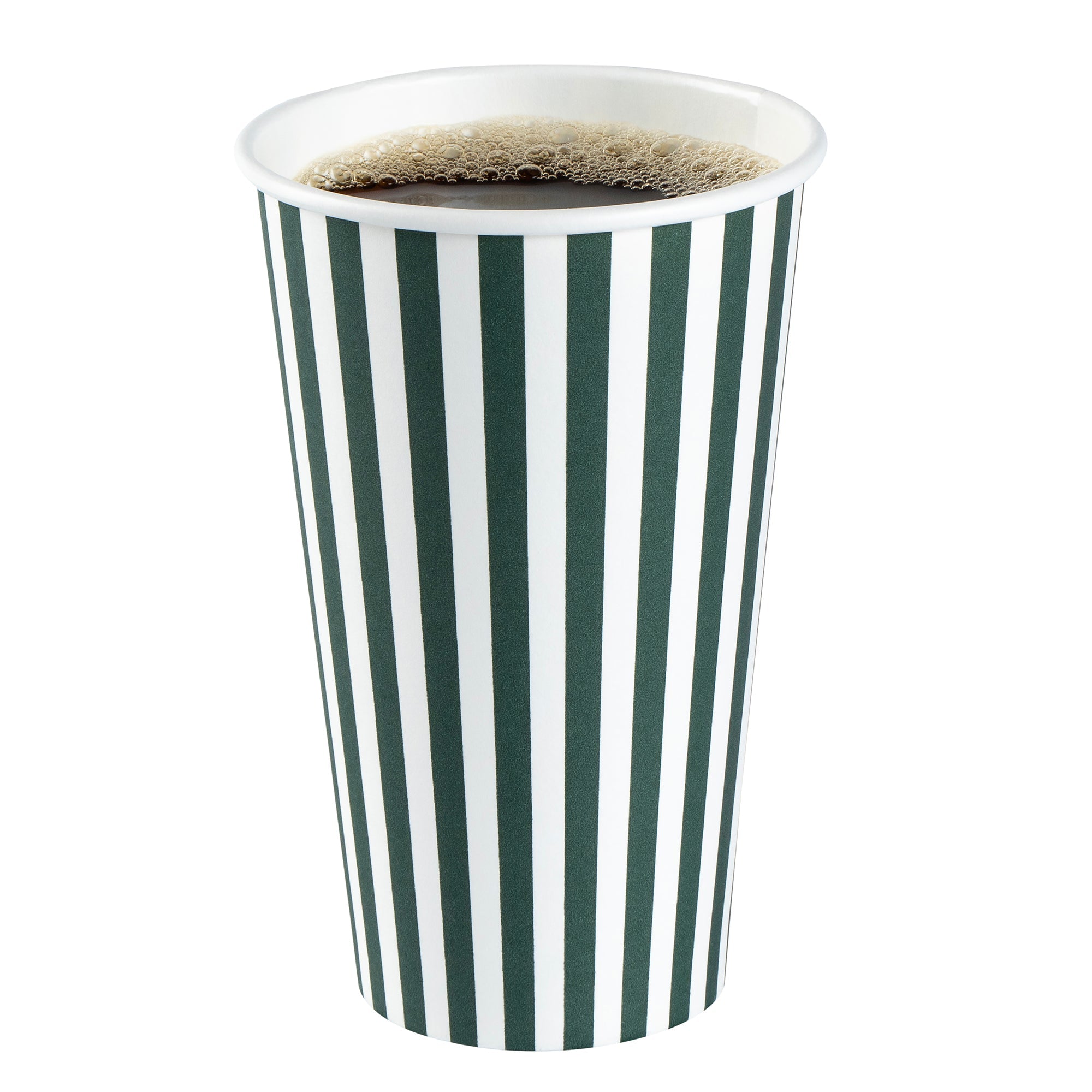 Restpresso 16 oz Forest Green and White Stripe Paper Single Wall Coffee Cup - with White Lid - 3 1/2"x 3 1/2"x 5 3/4" - 20 count box