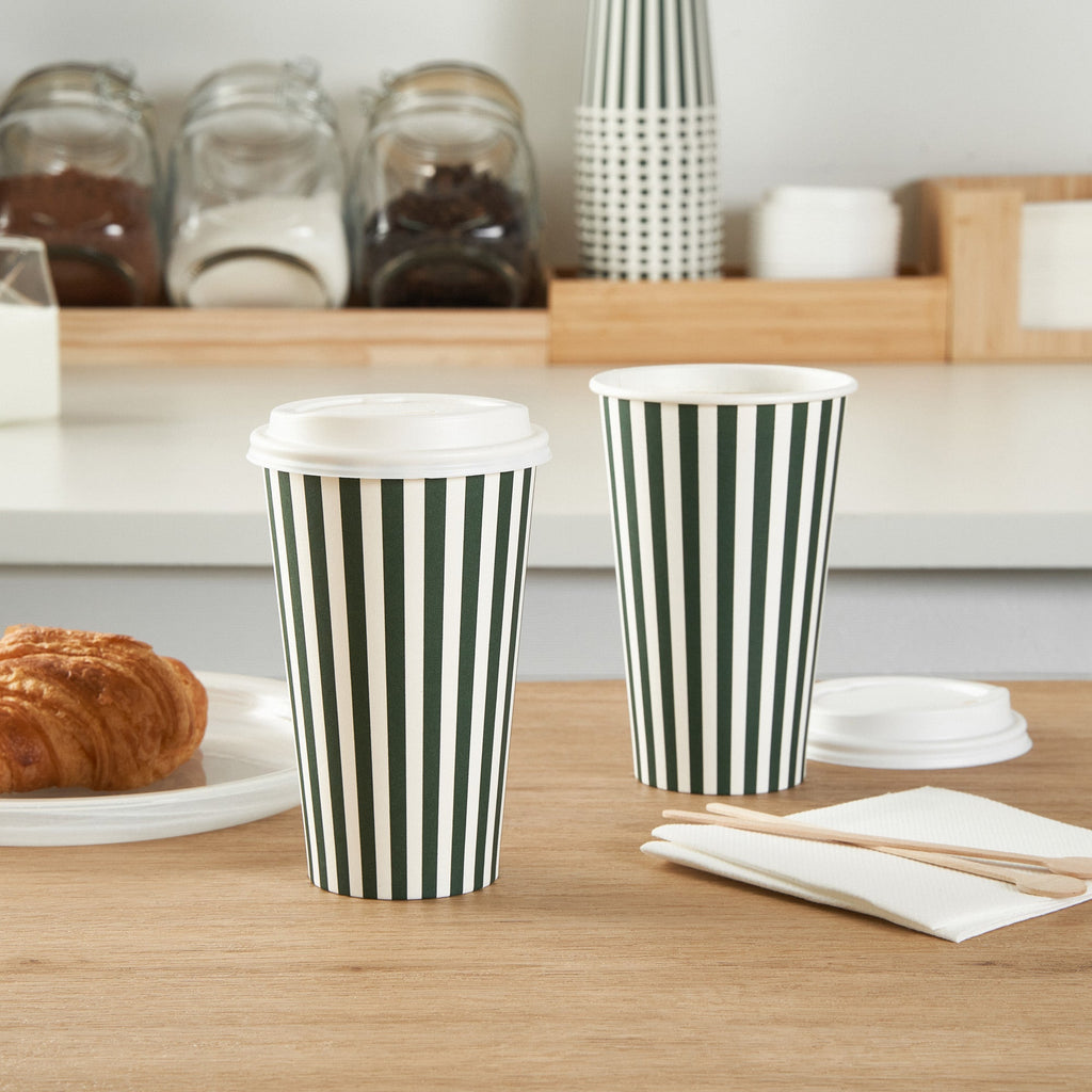 Restpresso 16 oz Forest Green and White Stripe Paper Single Wall Coffee Cup - with White Lid - 3 1/2"x 3 1/2"x 5 3/4" - 20 count box