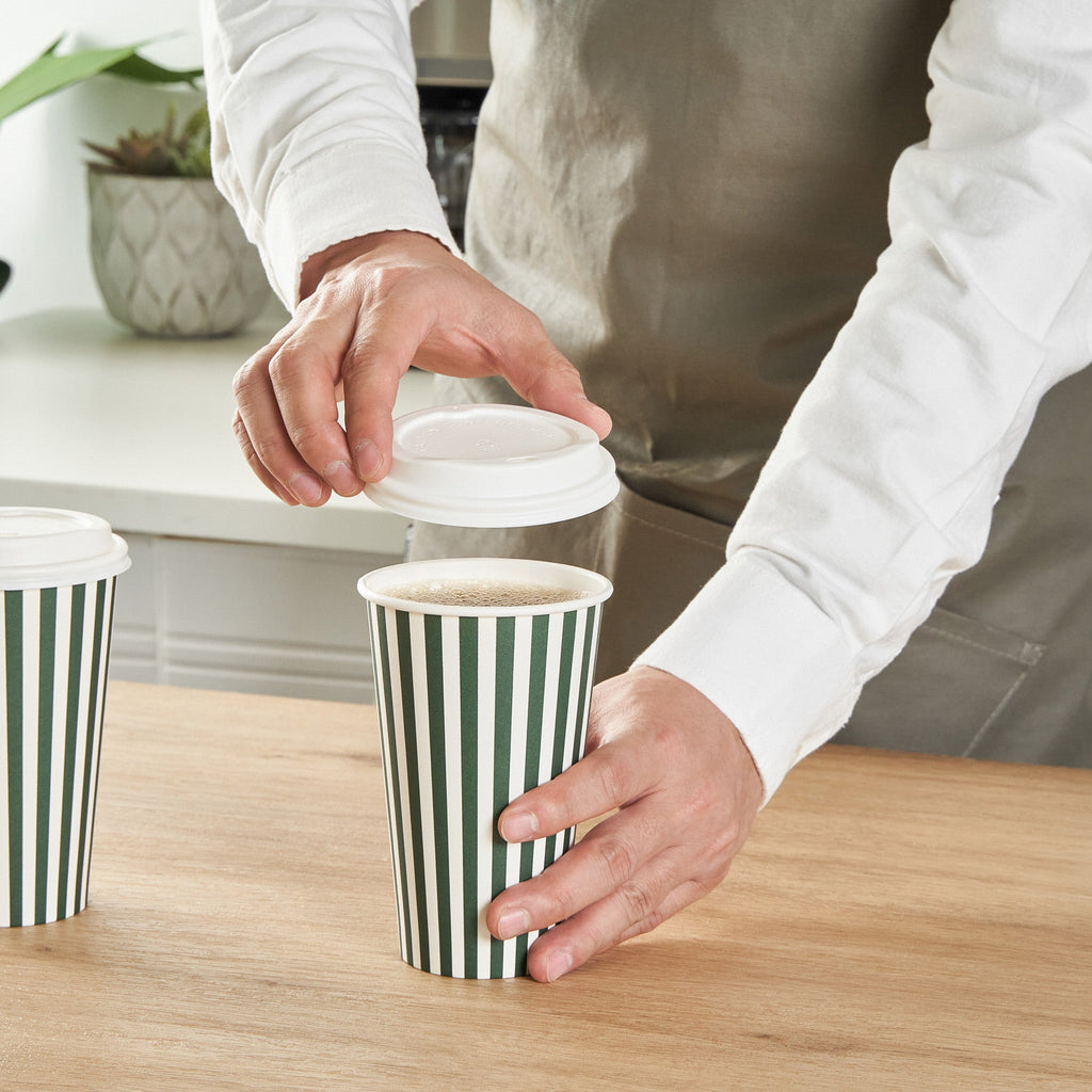 Restpresso 16 oz Forest Green and White Stripe Paper Single Wall Coffee Cup - with White Lid - 3 1/2"x 3 1/2"x 5 3/4" - 20 count box