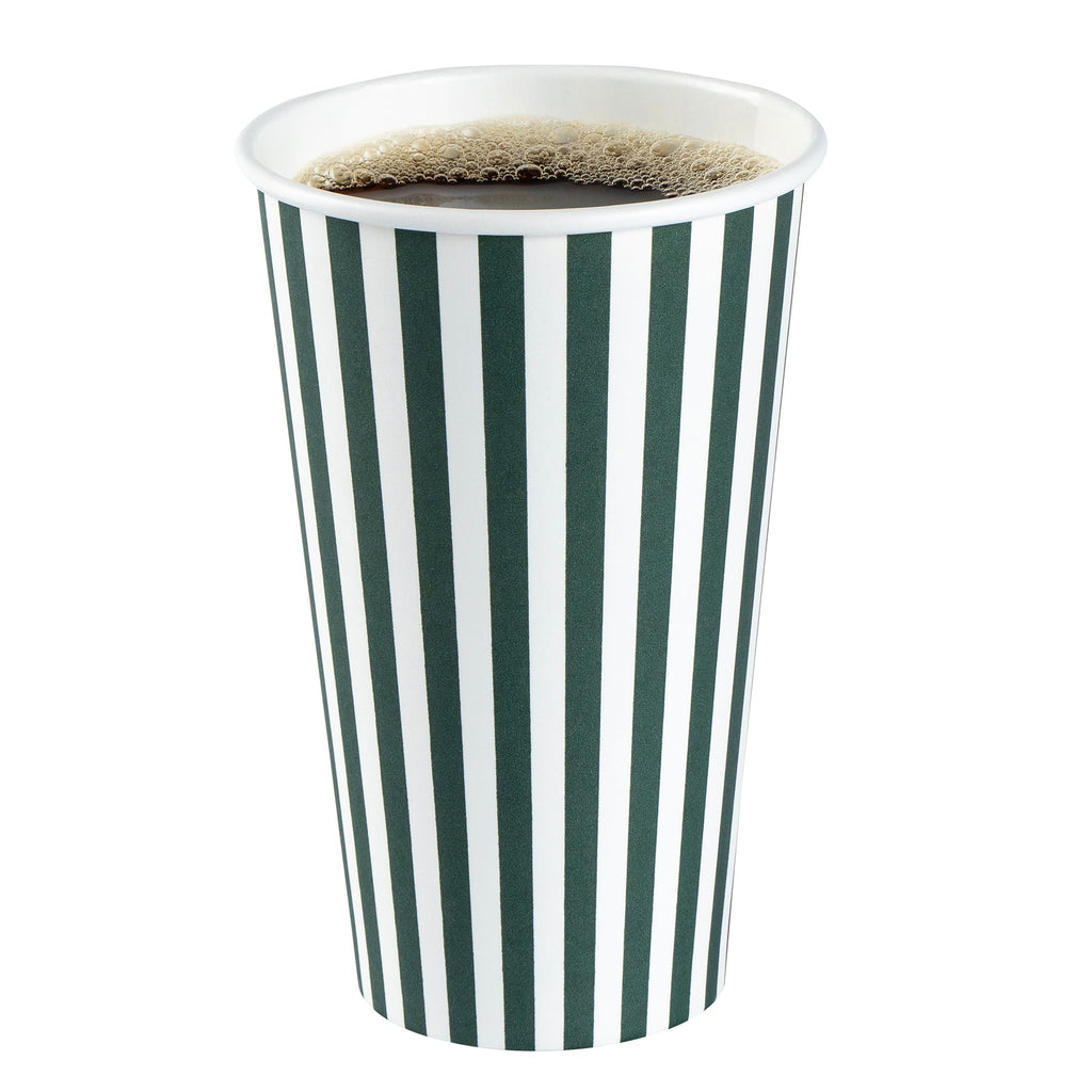 Restpresso 16 oz Forest Green and White Stripe Paper Single Wall Coffee Cup - with White Lid - 3 1/2"x 3 1/2"x 5 3/4" - 400 count box