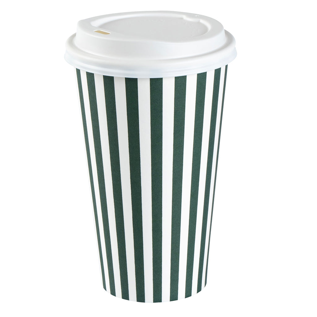 Restpresso 16 oz Forest Green and White Stripe Paper Single Wall Coffee Cup - with White Lid - 3 1/2"x 3 1/2"x 5 3/4" - 400 count box