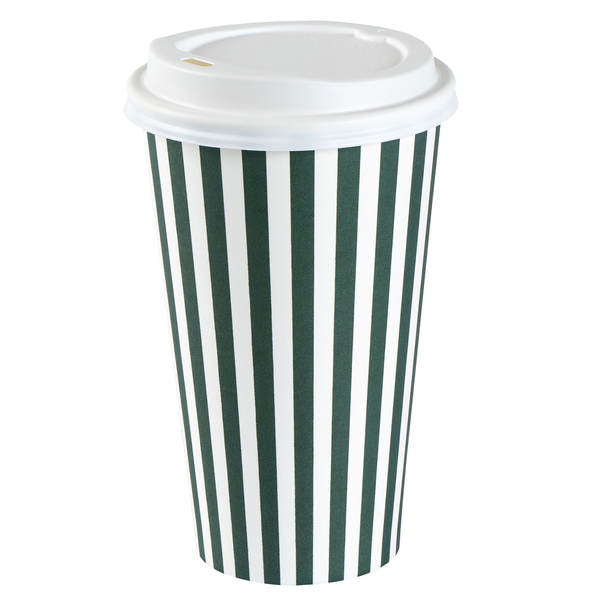 Restpresso 16 oz Forest Green and White Stripe Paper Single Wall Coffee Cup - with White Lid - 3 1/2"x 3 1/2"x 5 3/4" - 400 count box