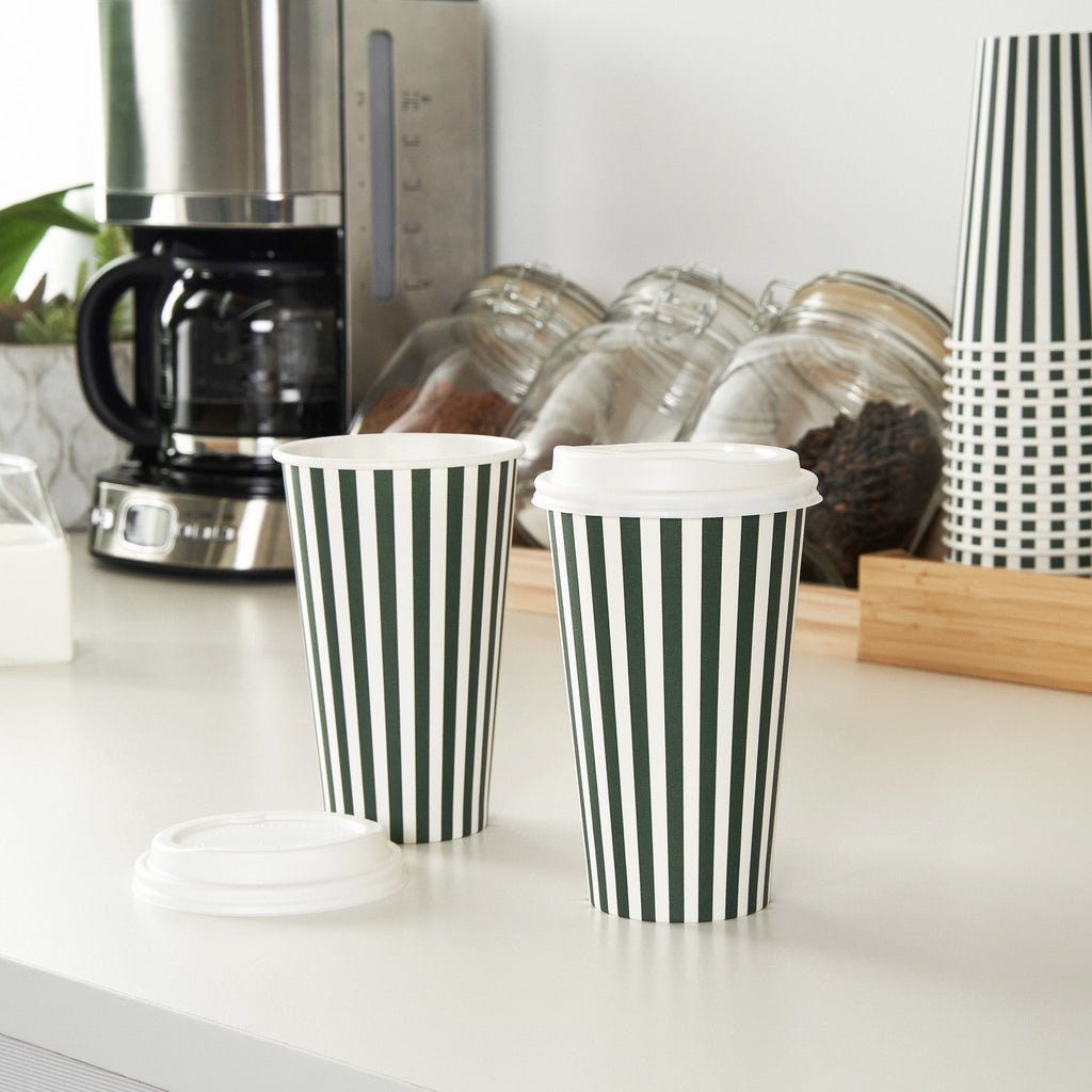 Restpresso 16 oz Forest Green and White Stripe Paper Single Wall Coffee Cup - with White Lid - 3 1/2"x 3 1/2"x 5 3/4" - 400 count box