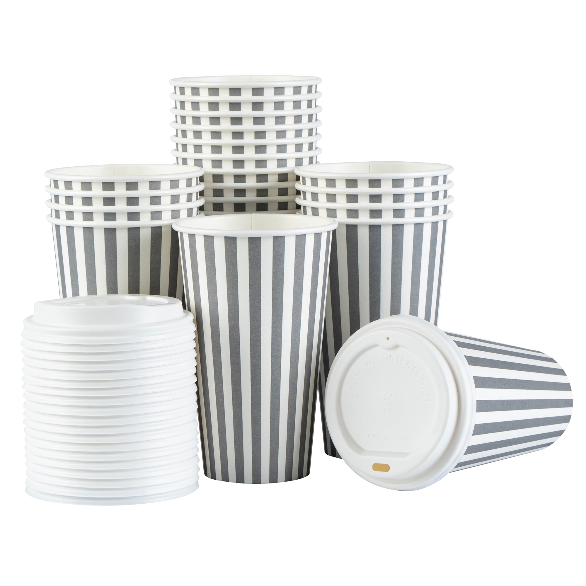 Restpresso 16 oz Gray and White Stripe Paper Single Wall Coffee Cup - with White Lid - 3 1/2"x 3 1/2"x 5 3/4" - 20 count box