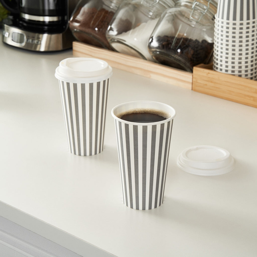 Restpresso 16 oz Gray and White Stripe Paper Single Wall Coffee Cup - with White Lid - 3 1/2"x 3 1/2"x 5 3/4" - 20 count box