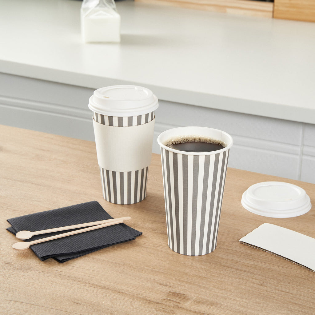 Restpresso 16 oz Gray and White Stripe Paper Single Wall Coffee Cup - with White Lid - 3 1/2"x 3 1/2"x 5 3/4" - 20 count box