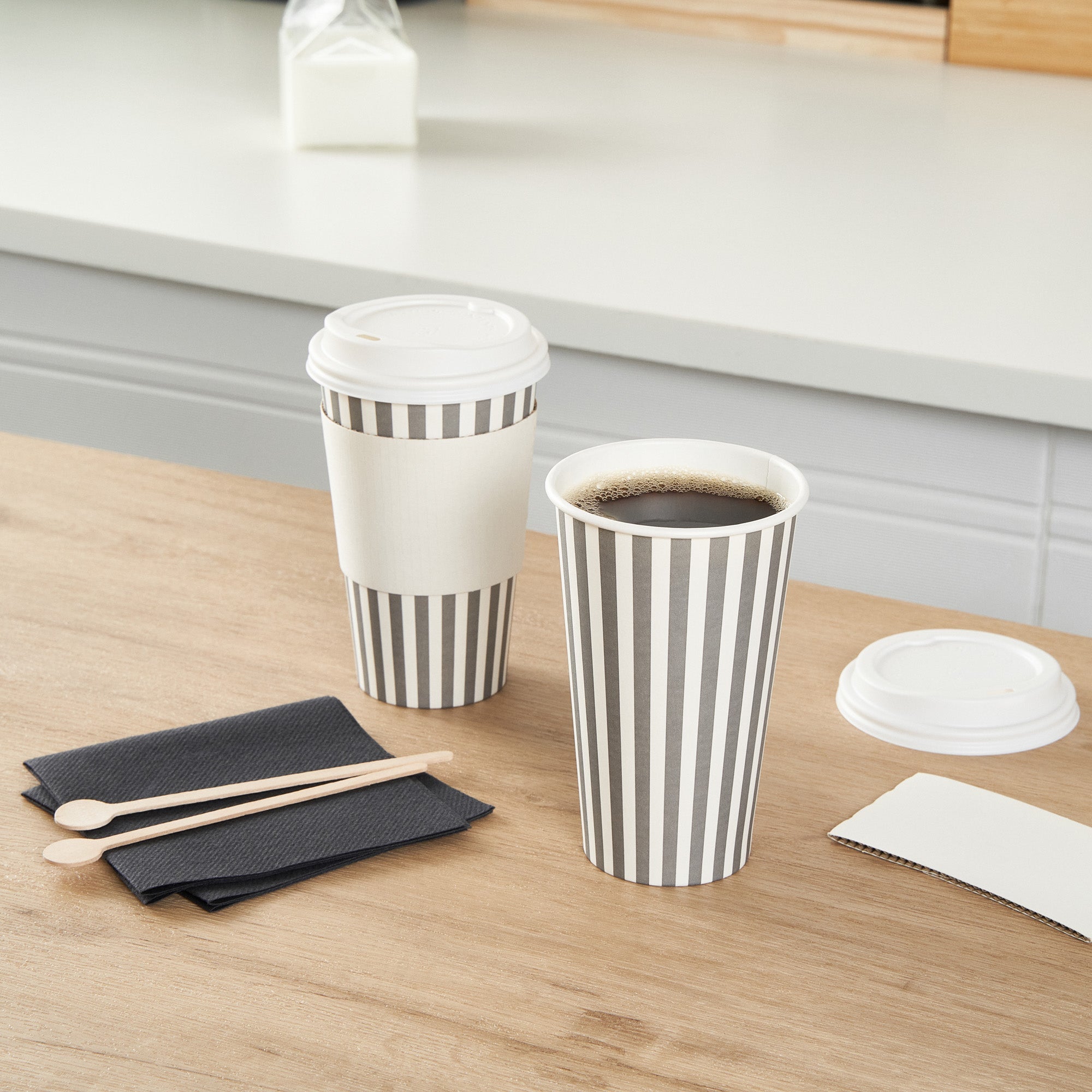 Restpresso 16 oz Gray and White Stripe Paper Single Wall Coffee Cup - with White Lid - 3 1/2"x 3 1/2"x 5 3/4" - 20 count box