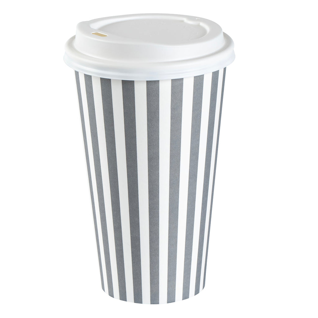 Restpresso 16 oz Gray and White Stripe Paper Single Wall Coffee Cup - with White Lid - 3 1/2"x 3 1/2"x 5 3/4" - 400 count box
