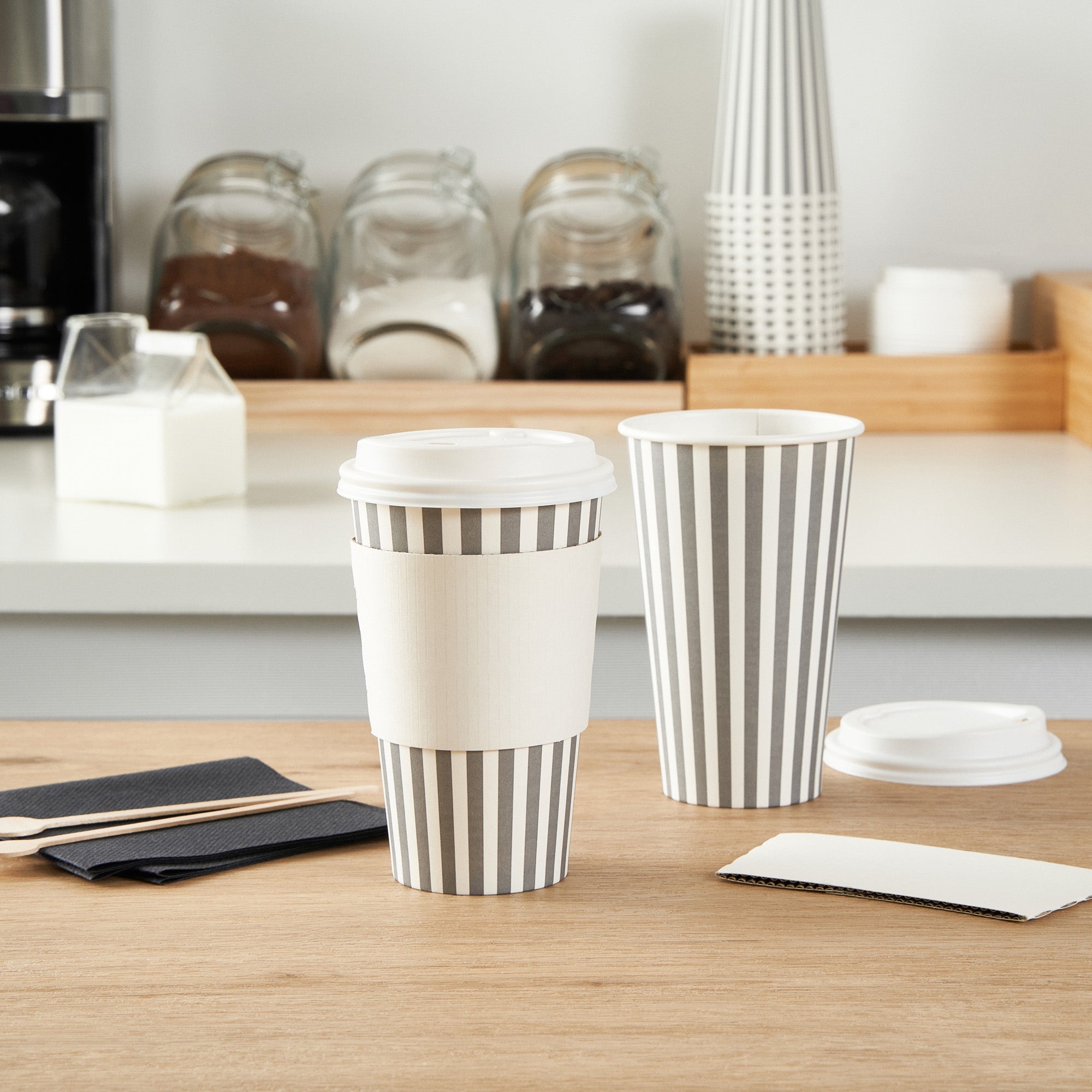 Restpresso 16 oz Gray and White Stripe Paper Single Wall Coffee Cup - with White Lid - 3 1/2"x 3 1/2"x 5 3/4" - 400 count box
