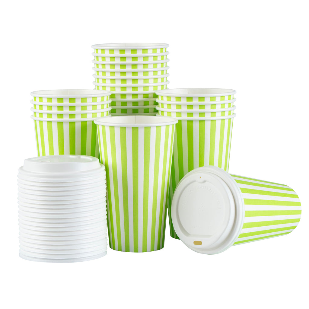 Restpresso 16 oz Green and White Stripe Paper Single Wall Coffee Cup - with White Lid - 3 1/2"x 3 1/2"x 5 3/4" - 20 count box