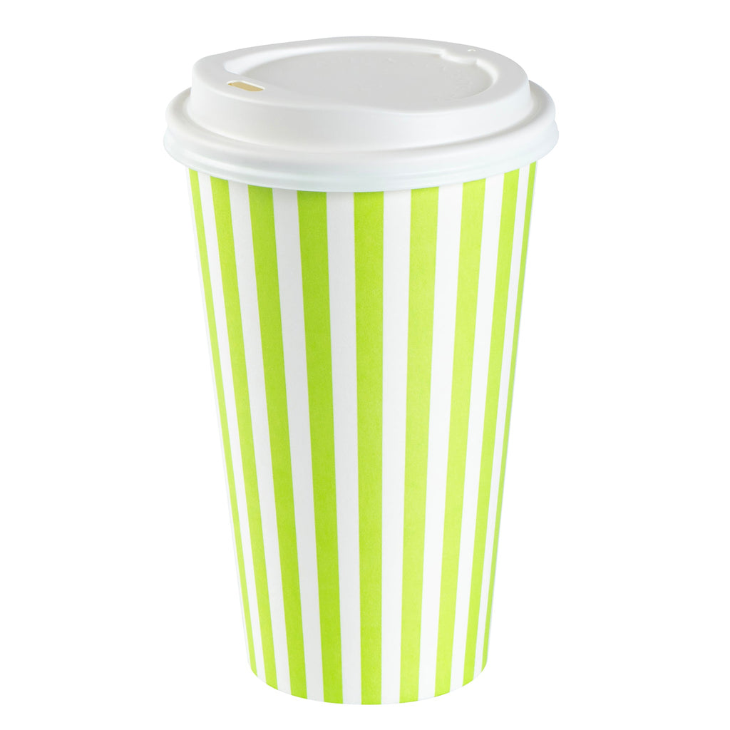 Restpresso 16 oz Green and White Stripe Paper Single Wall Coffee Cup - with White Lid - 3 1/2"x 3 1/2"x 5 3/4" - 20 count box