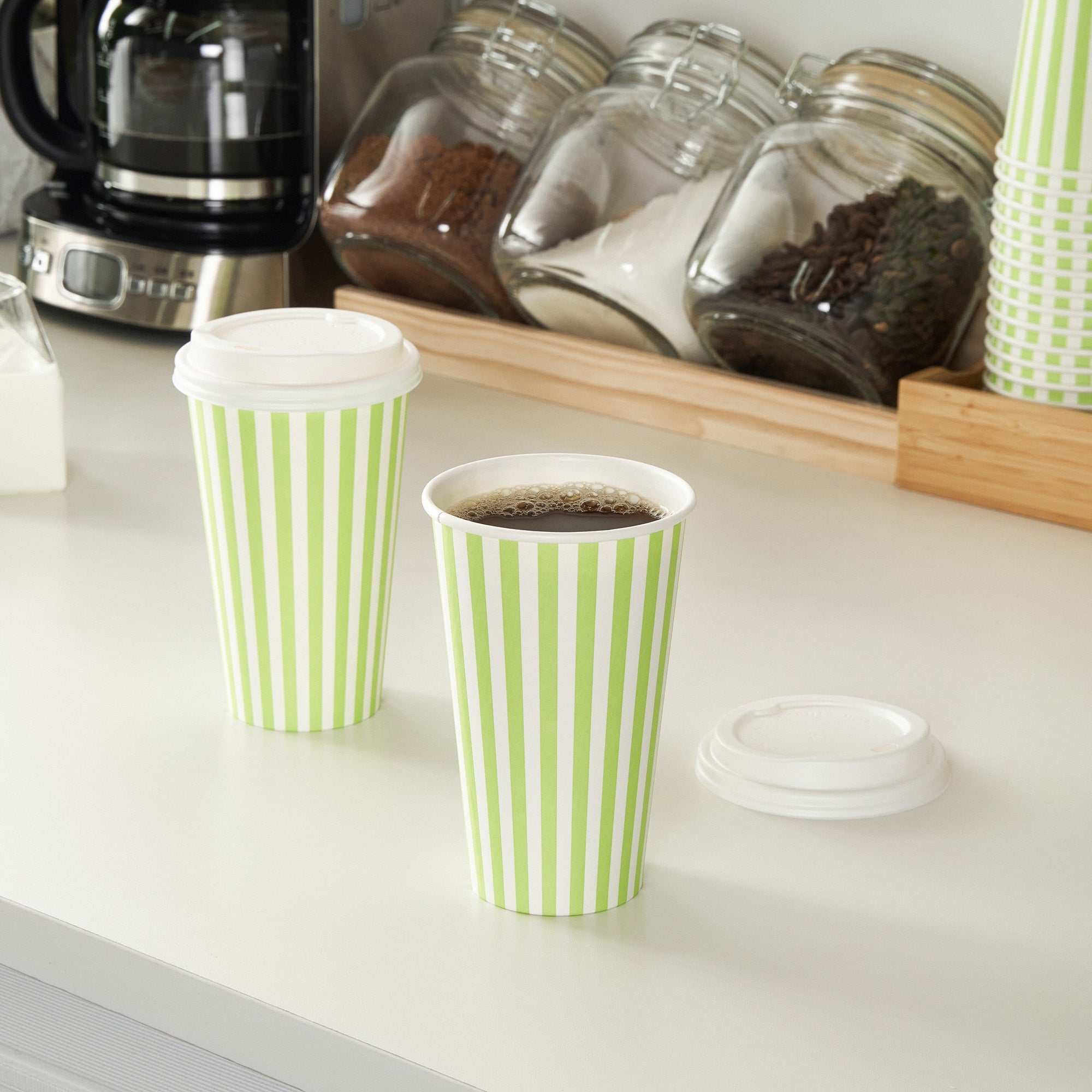 Restpresso 16 oz Green and White Stripe Paper Single Wall Coffee Cup - with White Lid - 3 1/2"x 3 1/2"x 5 3/4" - 400 count box