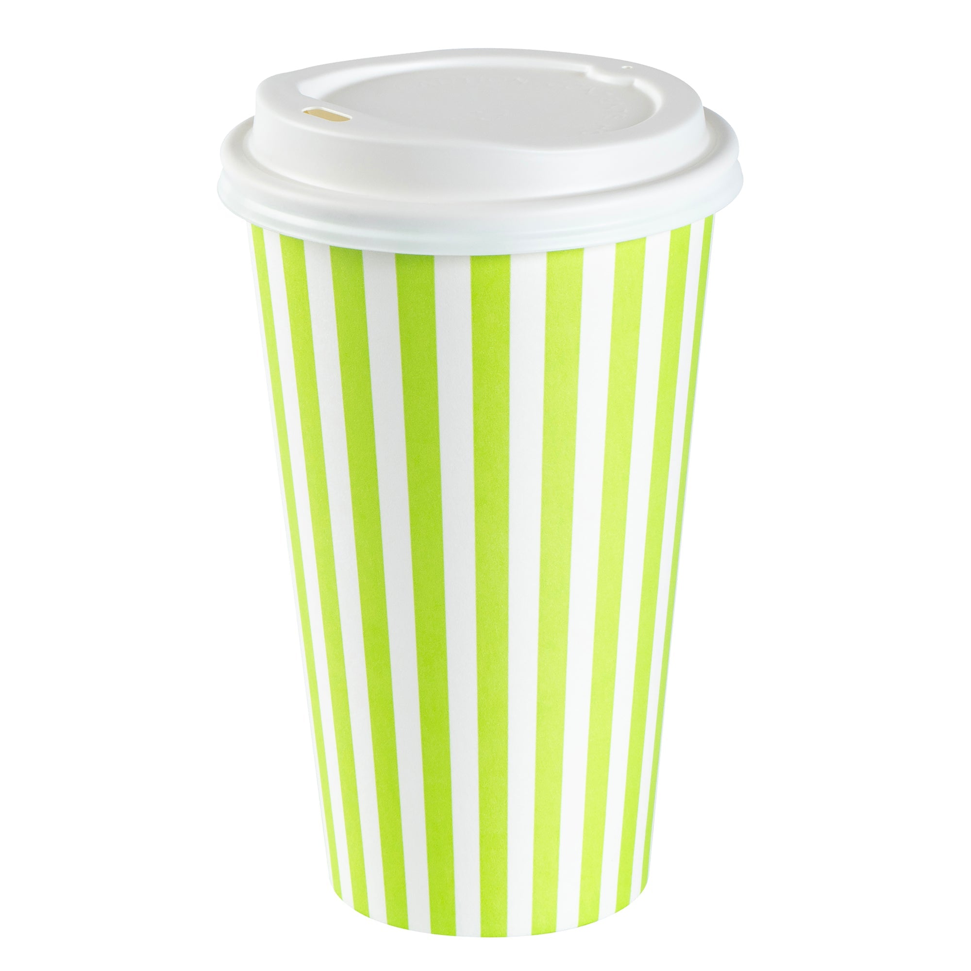 Restpresso 16 oz Green and White Stripe Paper Single Wall Coffee Cup - with White Lid - 3 1/2"x 3 1/2"x 5 3/4" - 400 count box