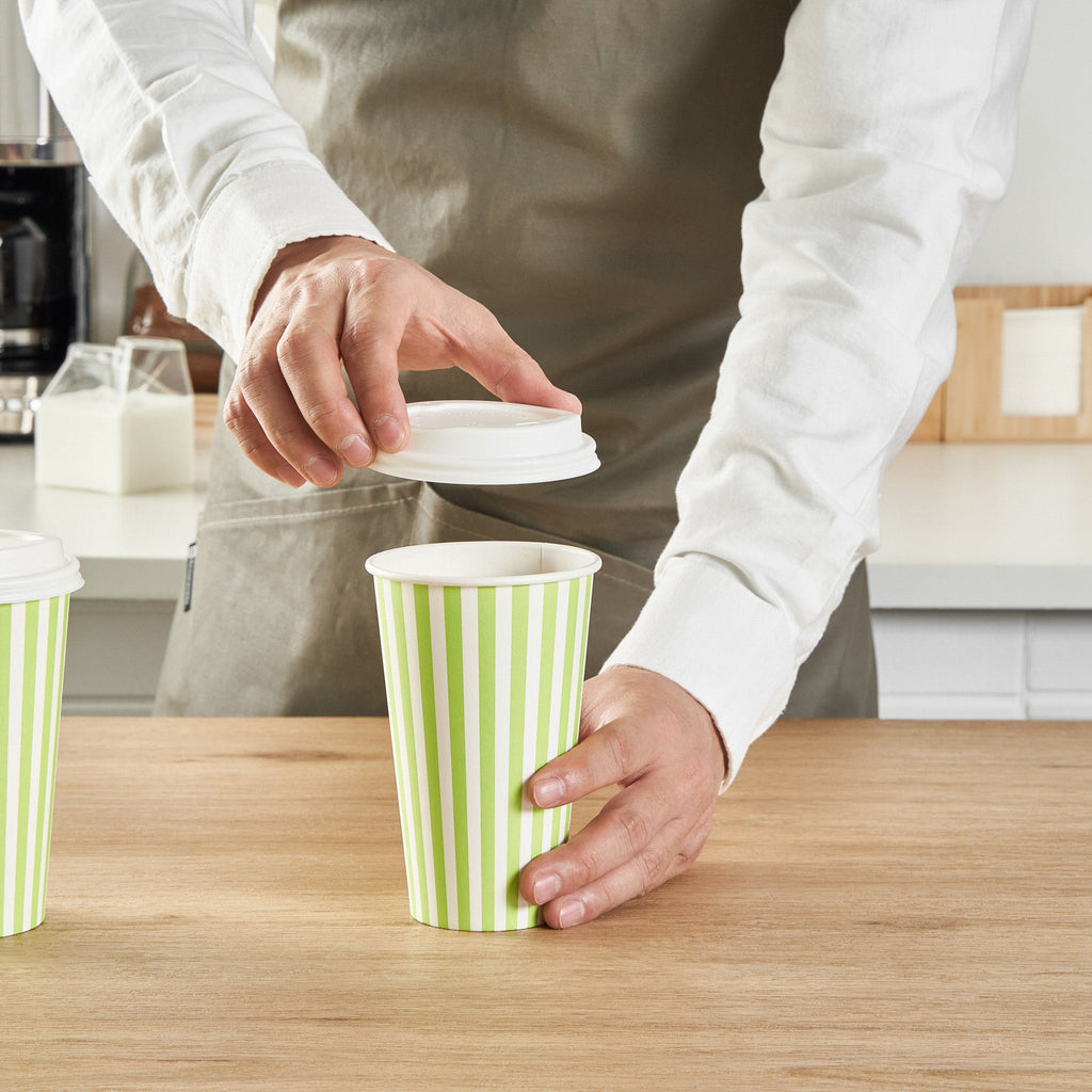 Restpresso 16 oz Green and White Stripe Paper Single Wall Coffee Cup - with White Lid - 3 1/2"x 3 1/2"x 5 3/4" - 400 count box