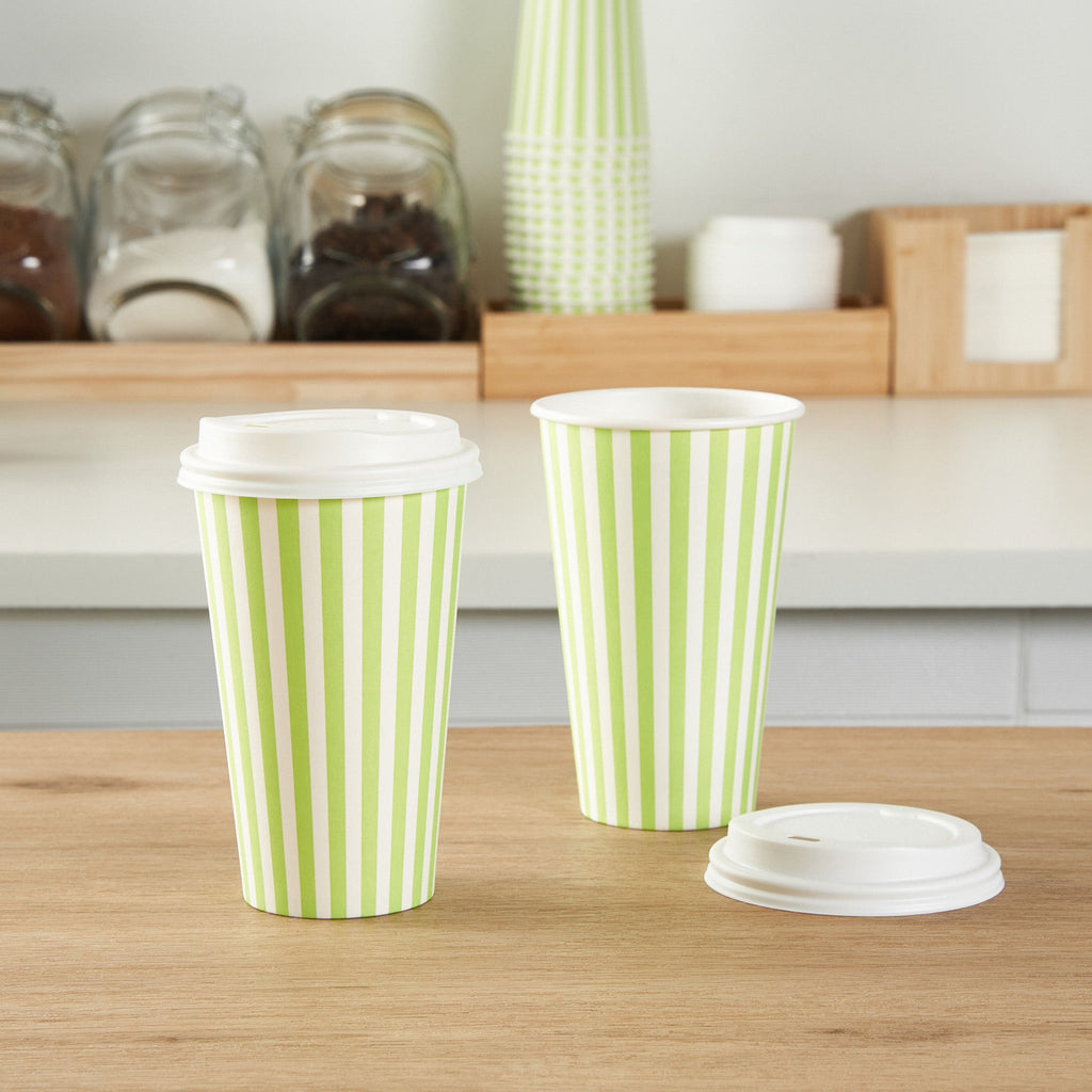 Restpresso 16 oz Green and White Stripe Paper Single Wall Coffee Cup - with White Lid - 3 1/2"x 3 1/2"x 5 3/4" - 400 count box