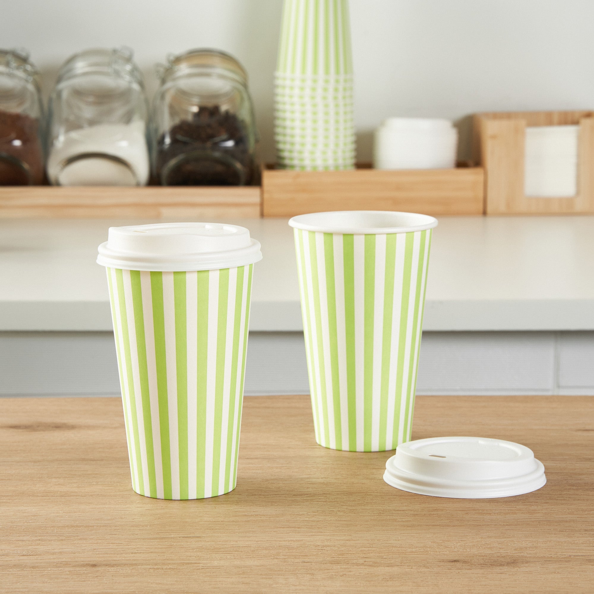 Restpresso 16 oz Green and White Stripe Paper Single Wall Coffee Cup - with White Lid - 3 1/2"x 3 1/2"x 5 3/4" - 400 count box