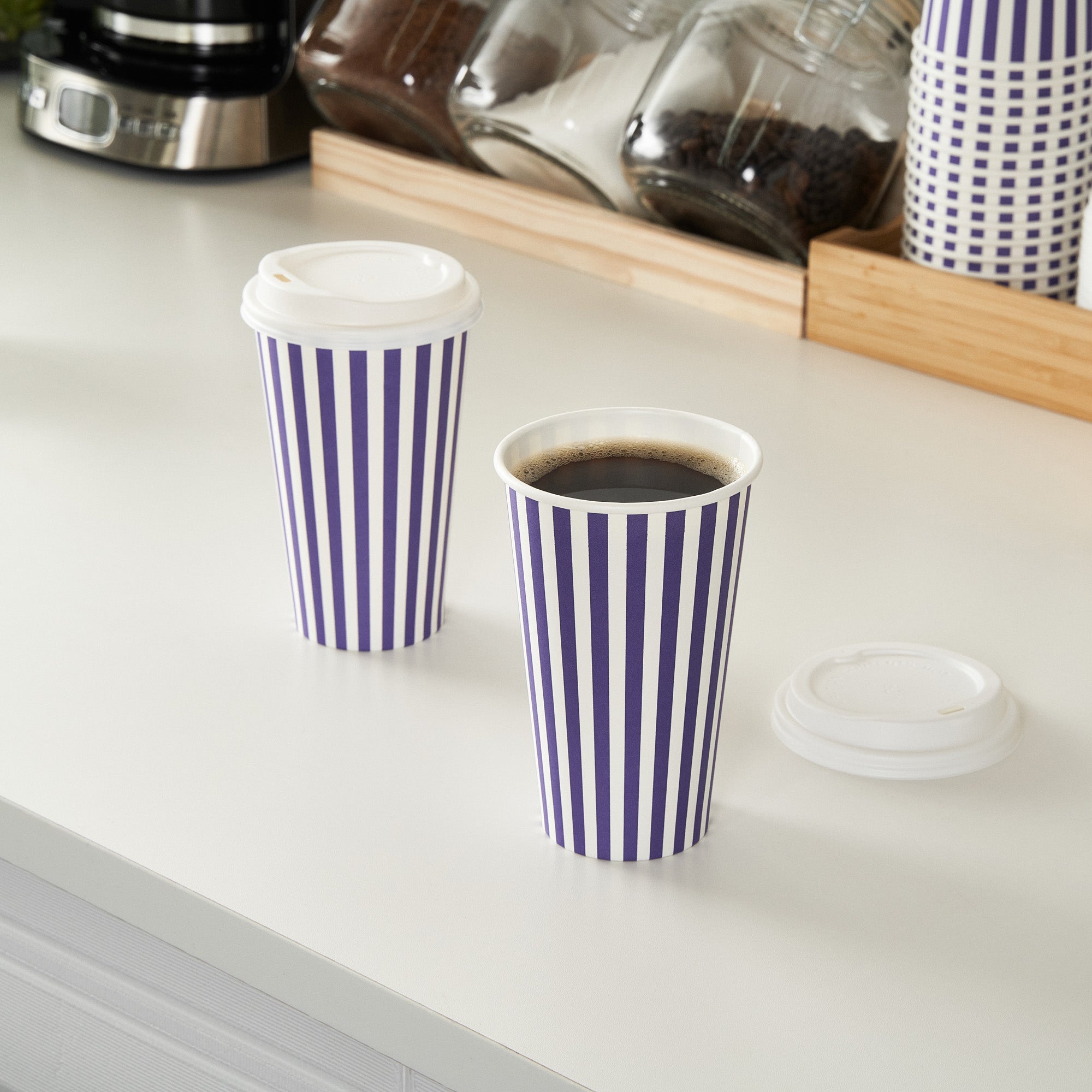 Restpresso 16 oz Purple and White Stripe Paper Single Wall Coffee Cup - with White Lid - 3 1/2"x 3 1/2"x 5 3/4" - 20 count box