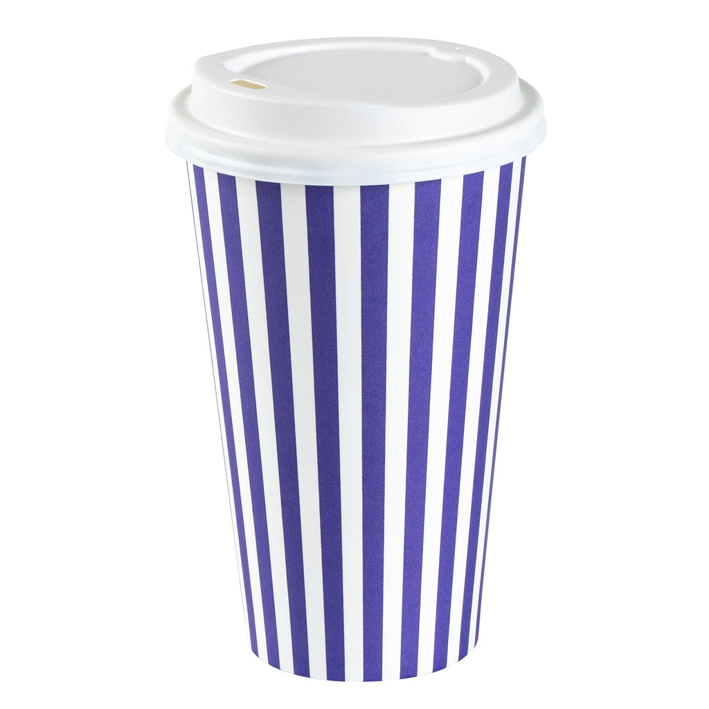 Restpresso 16 oz Purple and White Stripe Paper Single Wall Coffee Cup - with White Lid - 3 1/2"x 3 1/2"x 5 3/4" - 20 count box