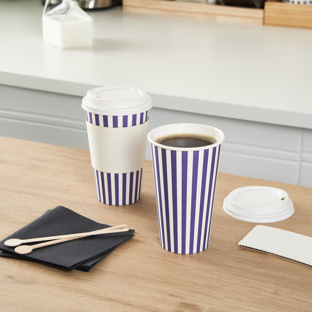 Restpresso 16 oz Purple and White Stripe Paper Single Wall Coffee Cup - with White Lid - 3 1/2"x 3 1/2"x 5 3/4" - 20 count box