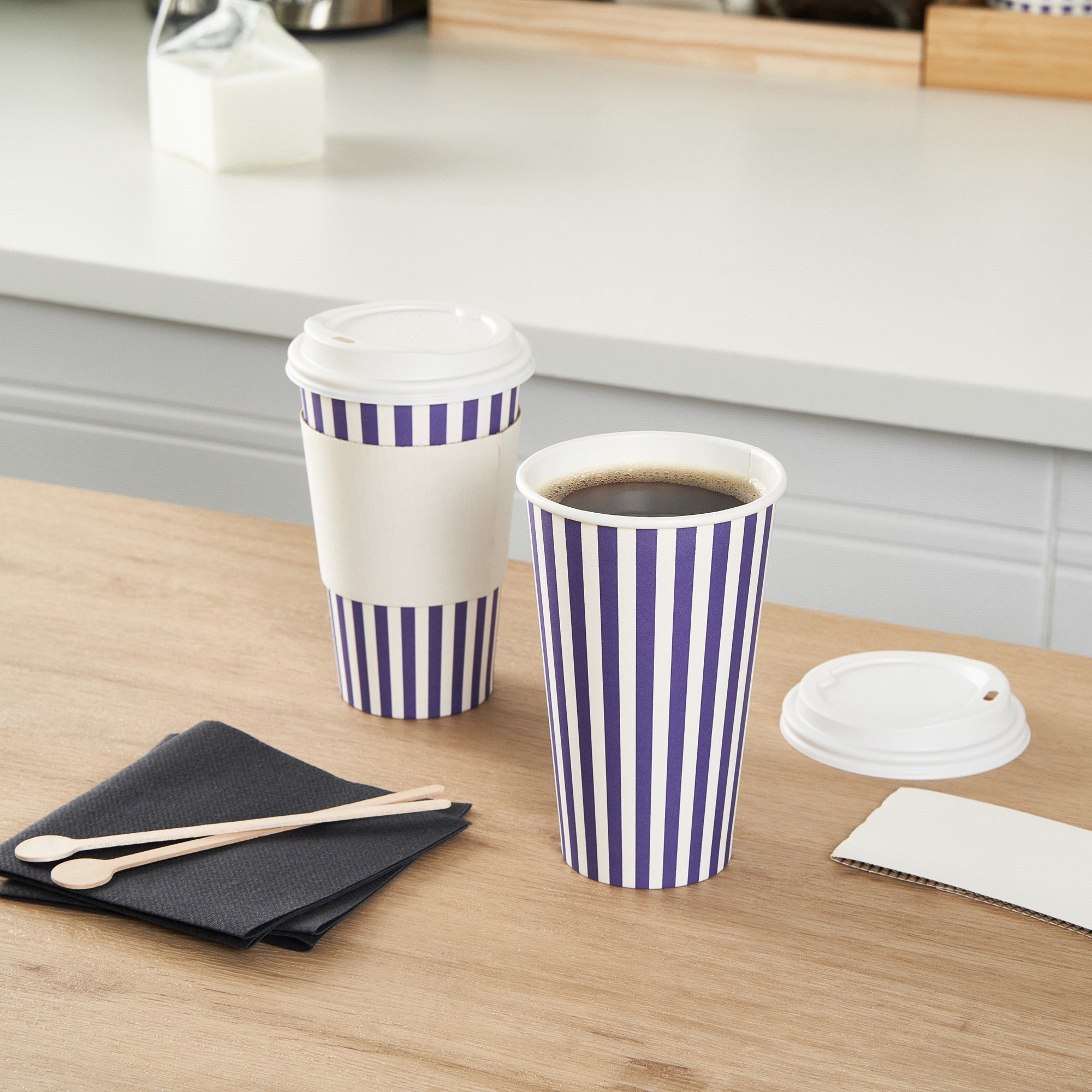 Restpresso 16 oz Purple and White Stripe Paper Single Wall Coffee Cup - with White Lid - 3 1/2"x 3 1/2"x 5 3/4" - 20 count box