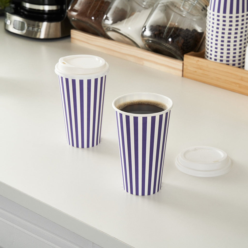 Restpresso 16 oz Purple and White Stripe Paper Single Wall Coffee Cup - with White Lid - 3 1/2"x 3 1/2"x 5 3/4" - 400 count box