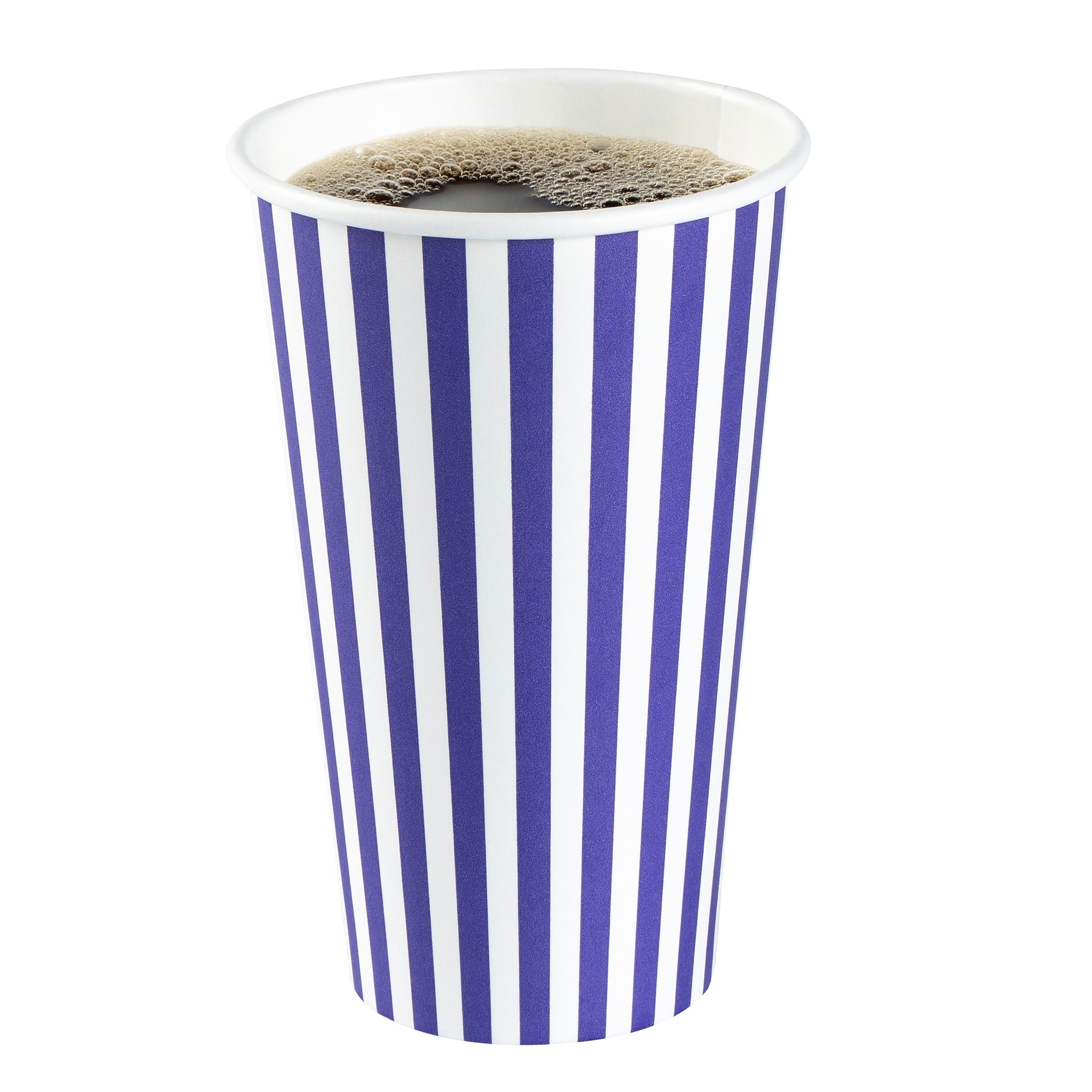 Restpresso 16 oz Purple and White Stripe Paper Single Wall Coffee Cup - with White Lid - 3 1/2"x 3 1/2"x 5 3/4" - 400 count box