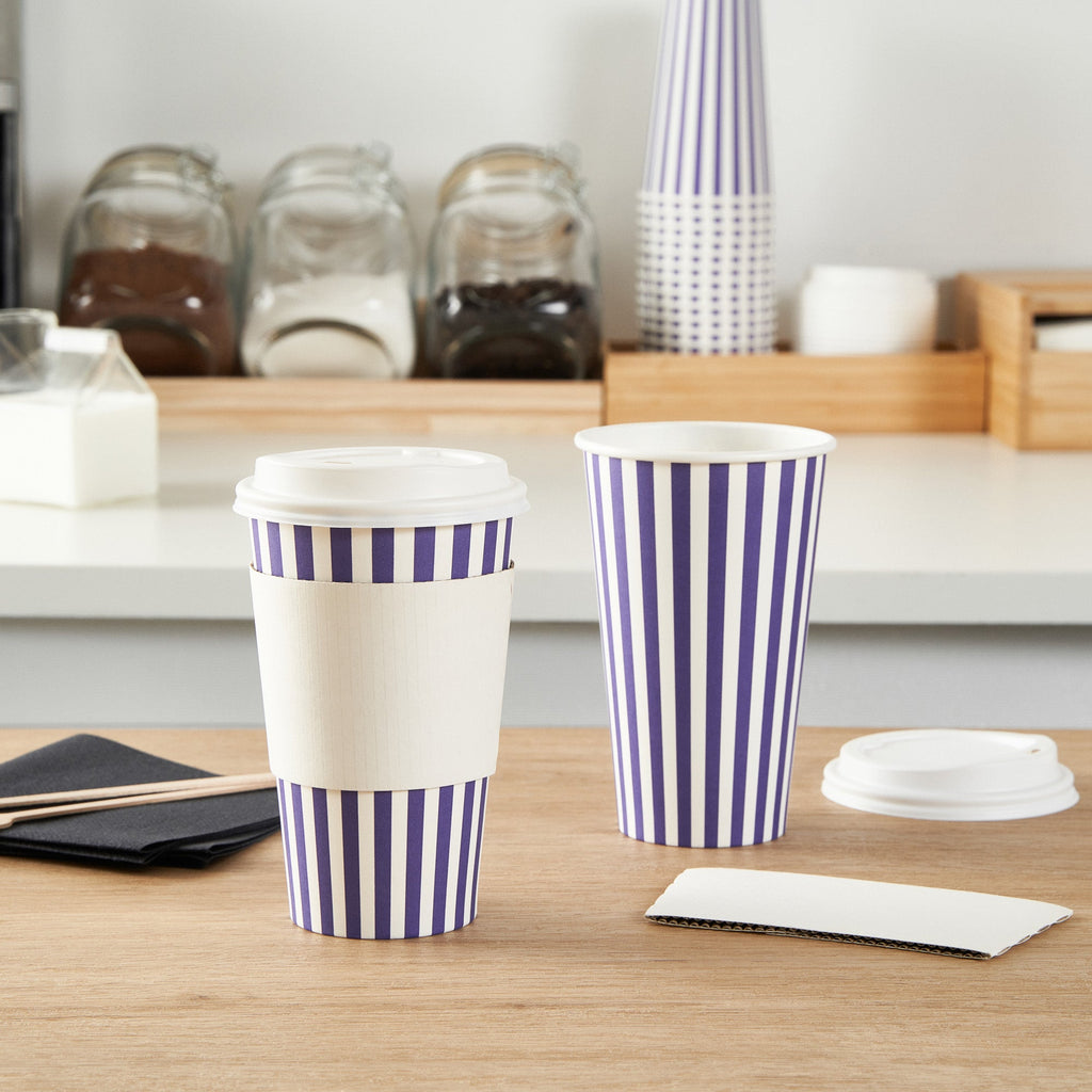 Restpresso 16 oz Purple and White Stripe Paper Single Wall Coffee Cup - with White Lid - 3 1/2"x 3 1/2"x 5 3/4" - 400 count box