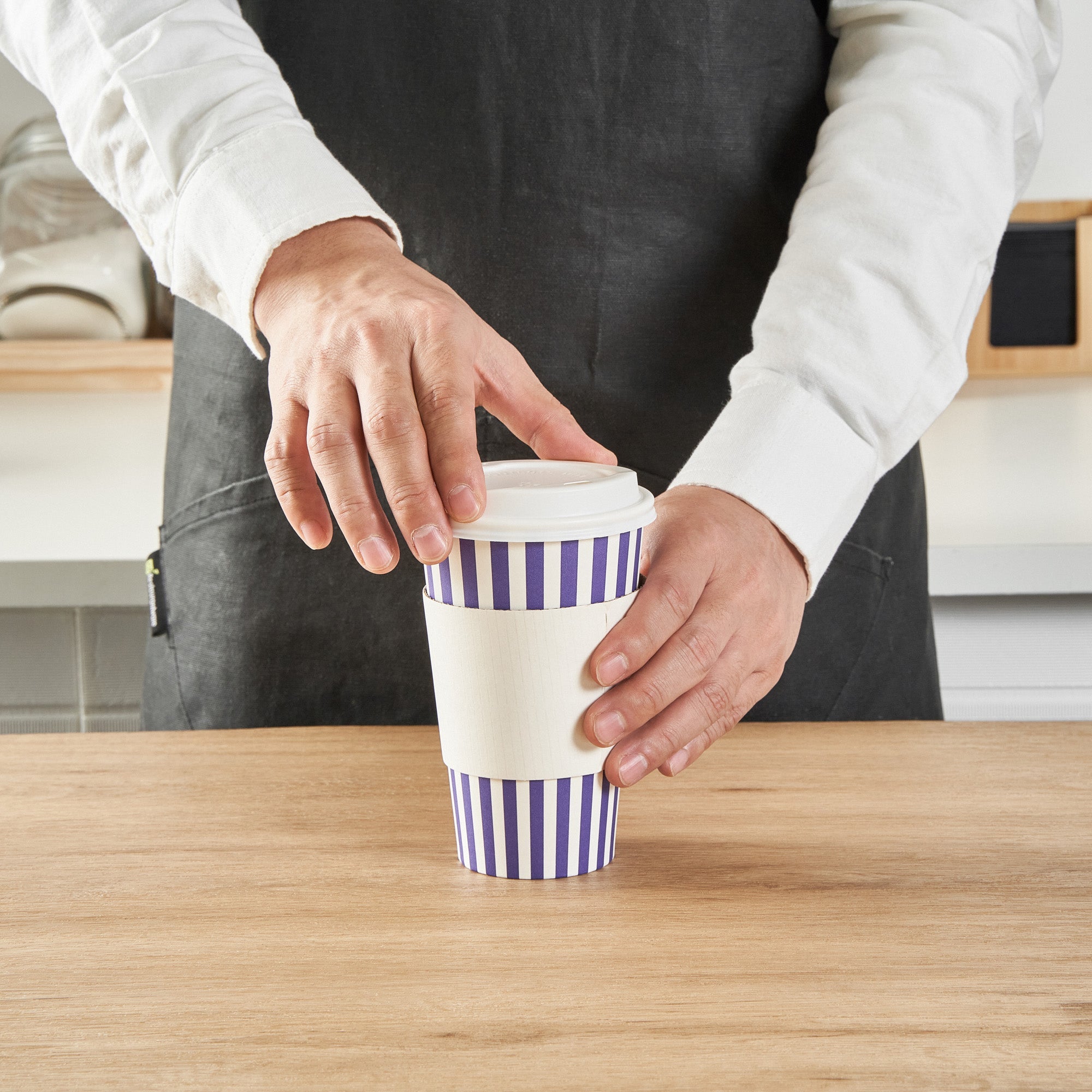 Restpresso 16 oz Purple and White Stripe Paper Single Wall Coffee Cup - with White Lid - 3 1/2"x 3 1/2"x 5 3/4" - 400 count box