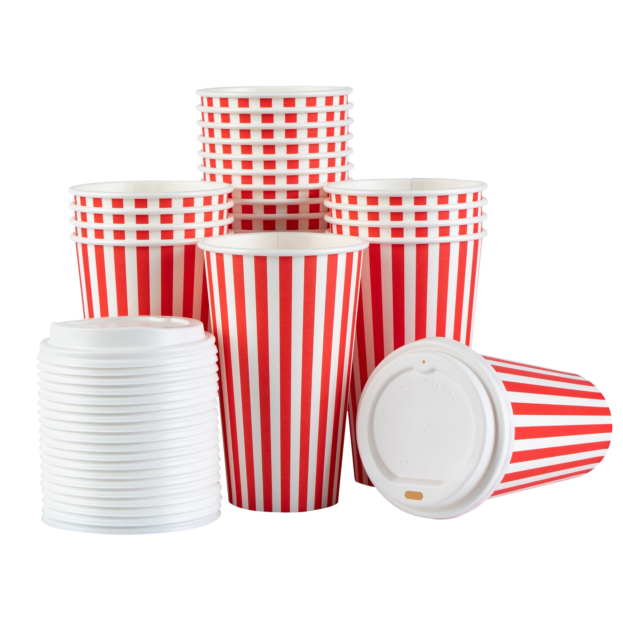 Restpresso 16 oz Red and White Stripe Paper Single Wall Coffee Cup - with White Lid - 3 1/2"x 3 1/2"x 5 3/4" - 20 count box