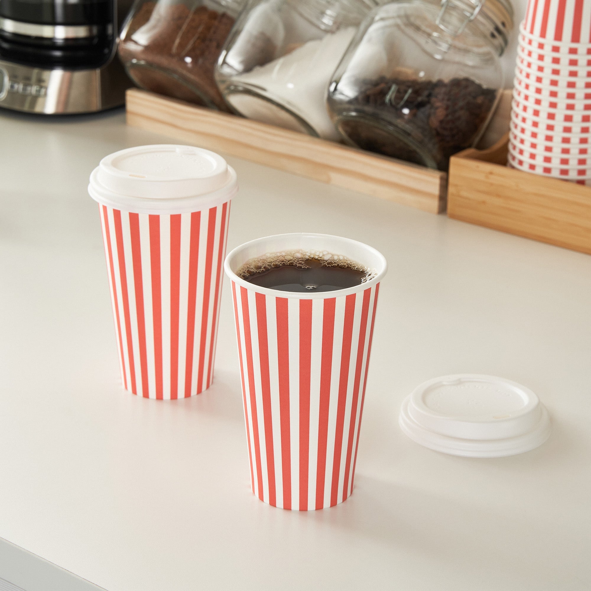 Restpresso 16 oz Red and White Stripe Paper Single Wall Coffee Cup - with White Lid - 3 1/2"x 3 1/2"x 5 3/4" - 20 count box