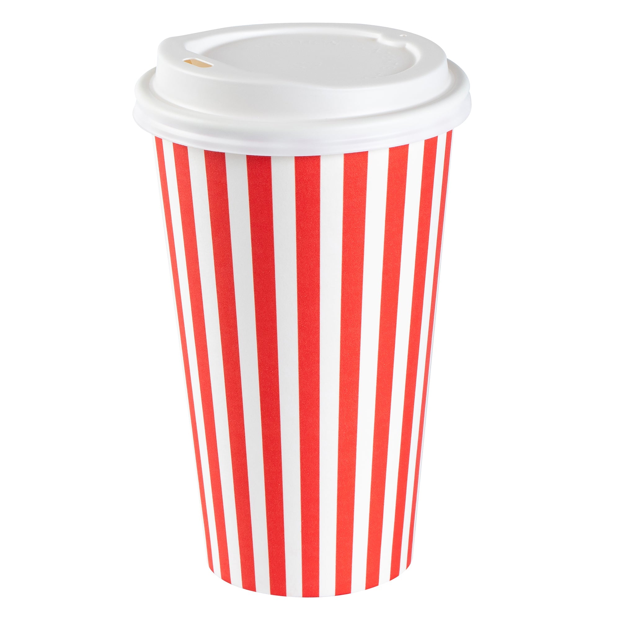 Restpresso 16 oz Red and White Stripe Paper Single Wall Coffee Cup - with White Lid - 3 1/2"x 3 1/2"x 5 3/4" - 20 count box