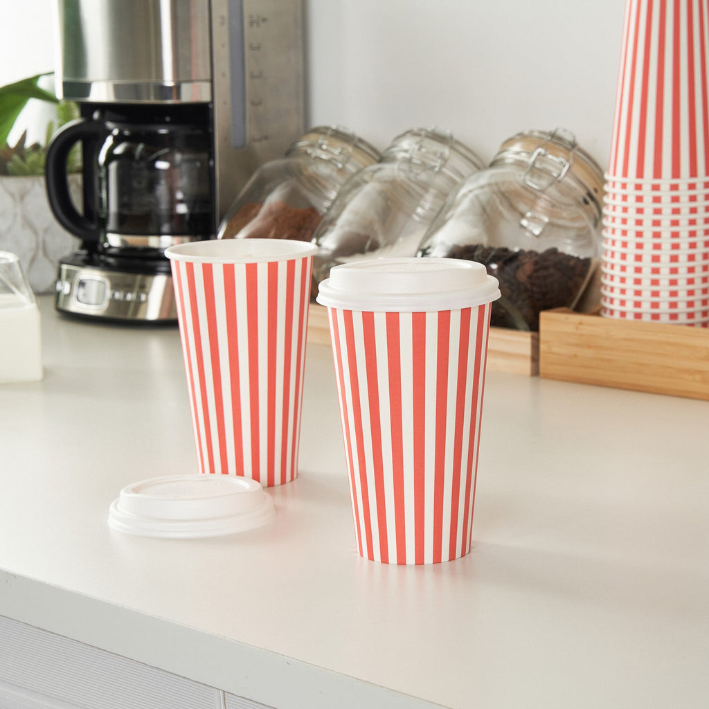 Restpresso 16 oz Red and White Stripe Paper Single Wall Coffee Cup - with White Lid - 3 1/2"x 3 1/2"x 5 3/4" - 20 count box
