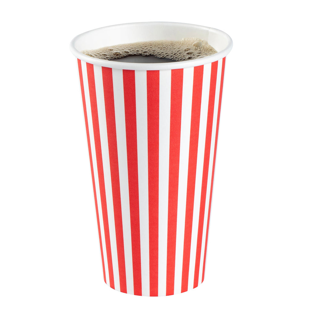 Restpresso 16 oz Red and White Stripe Paper Single Wall Coffee Cup - with White Lid - 3 1/2"x 3 1/2"x 5 3/4" - 400 count box