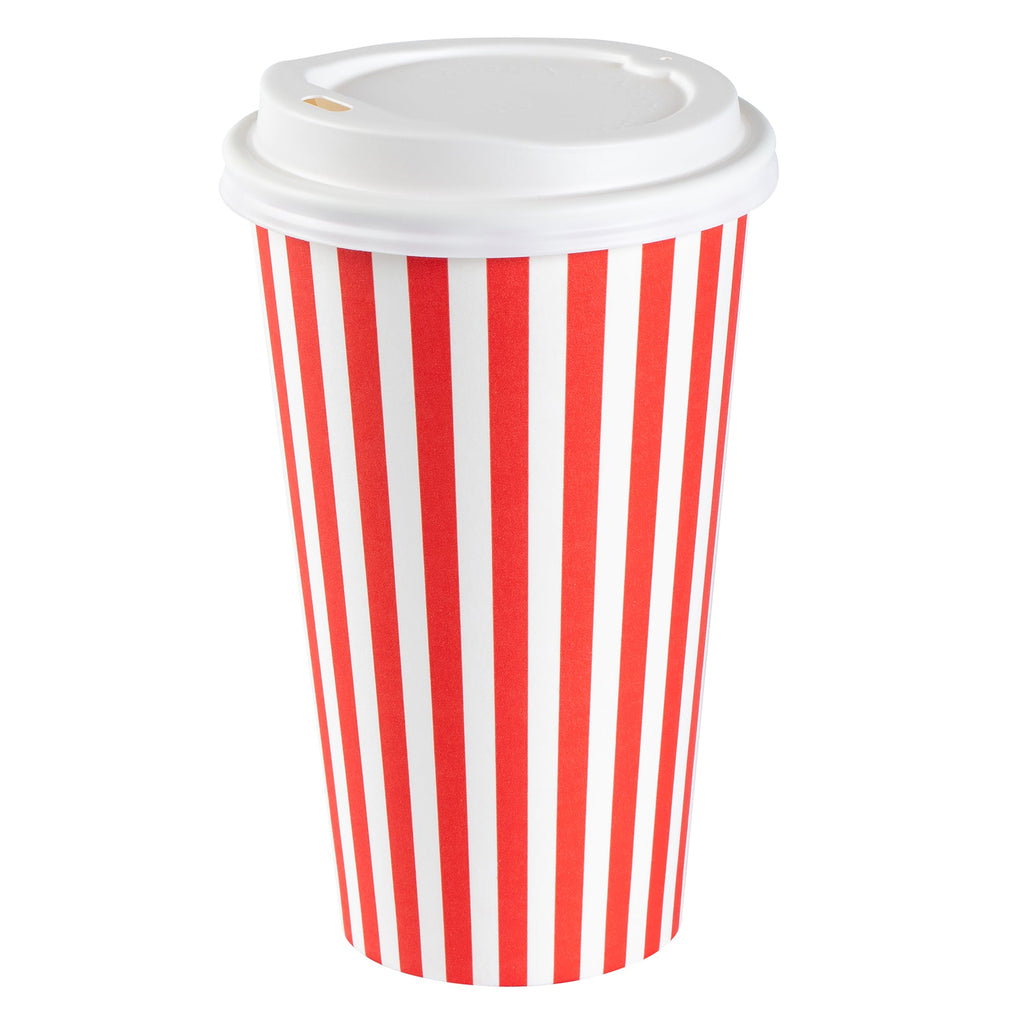 Restpresso 16 oz Red and White Stripe Paper Single Wall Coffee Cup - with White Lid - 3 1/2"x 3 1/2"x 5 3/4" - 400 count box