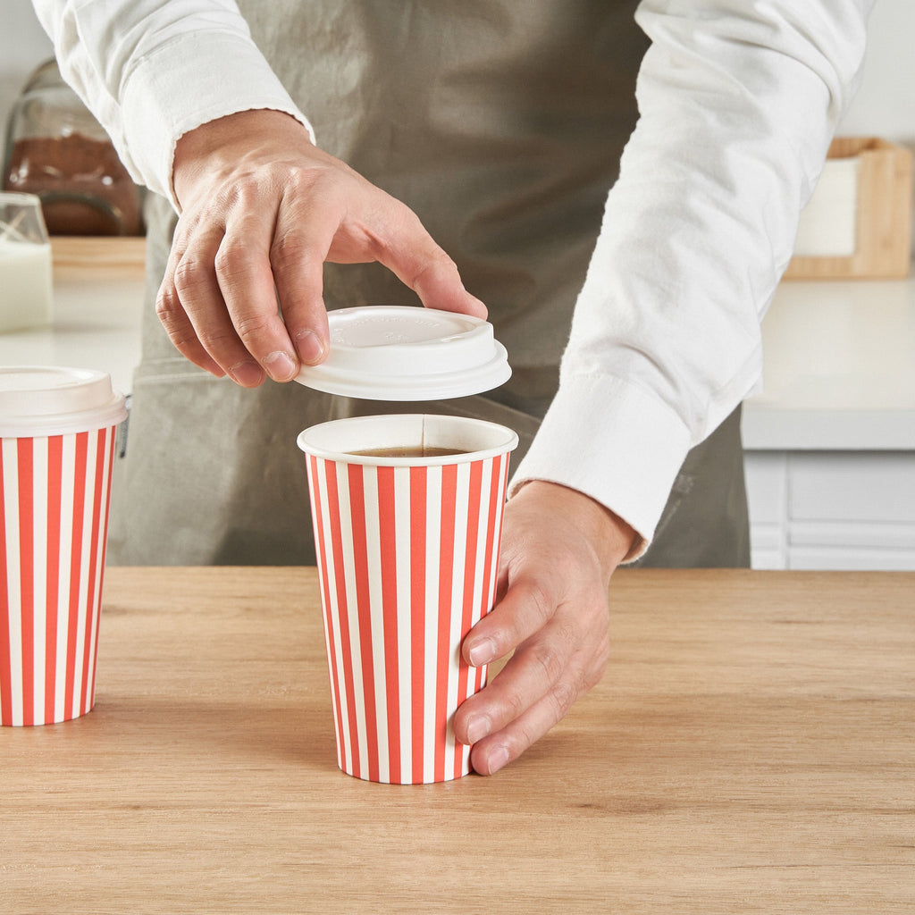 Restpresso 16 oz Red and White Stripe Paper Single Wall Coffee Cup - with White Lid - 3 1/2"x 3 1/2"x 5 3/4" - 400 count box