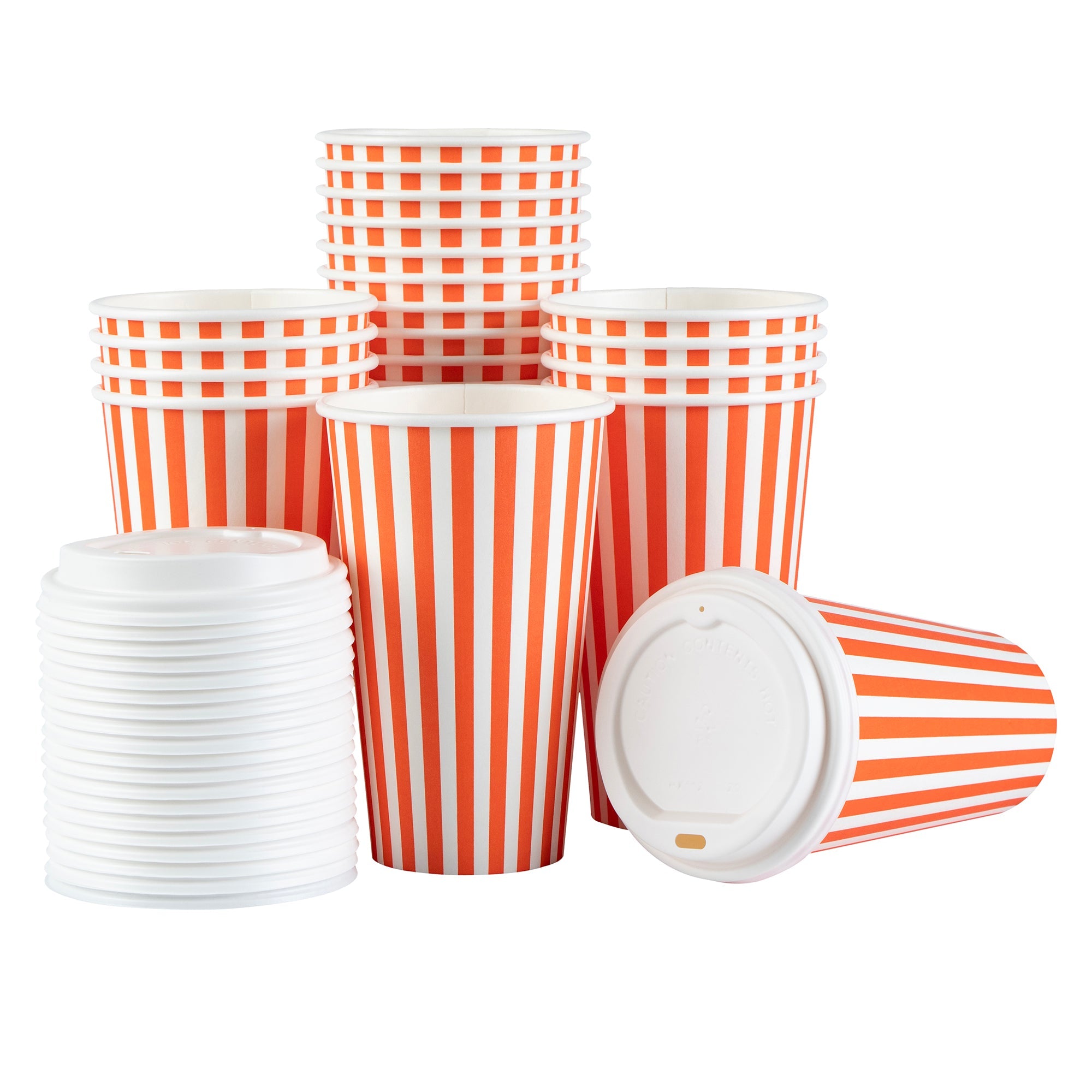 Restpresso 16 oz Orange and White Stripe Paper Single Wall Coffee Cup - with White Lid - 3 1/2"x 3 1/2"x 5 3/4" - 20 count box