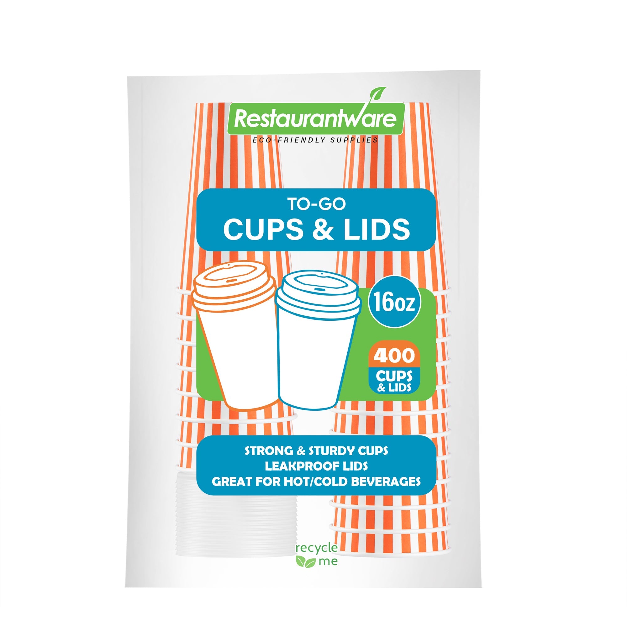 Restpresso 16 oz Orange and White Stripe Paper Single Wall Coffee Cup - with White Lid - 3 1/2"x 3 1/2"x 5 3/4" - 20 count box