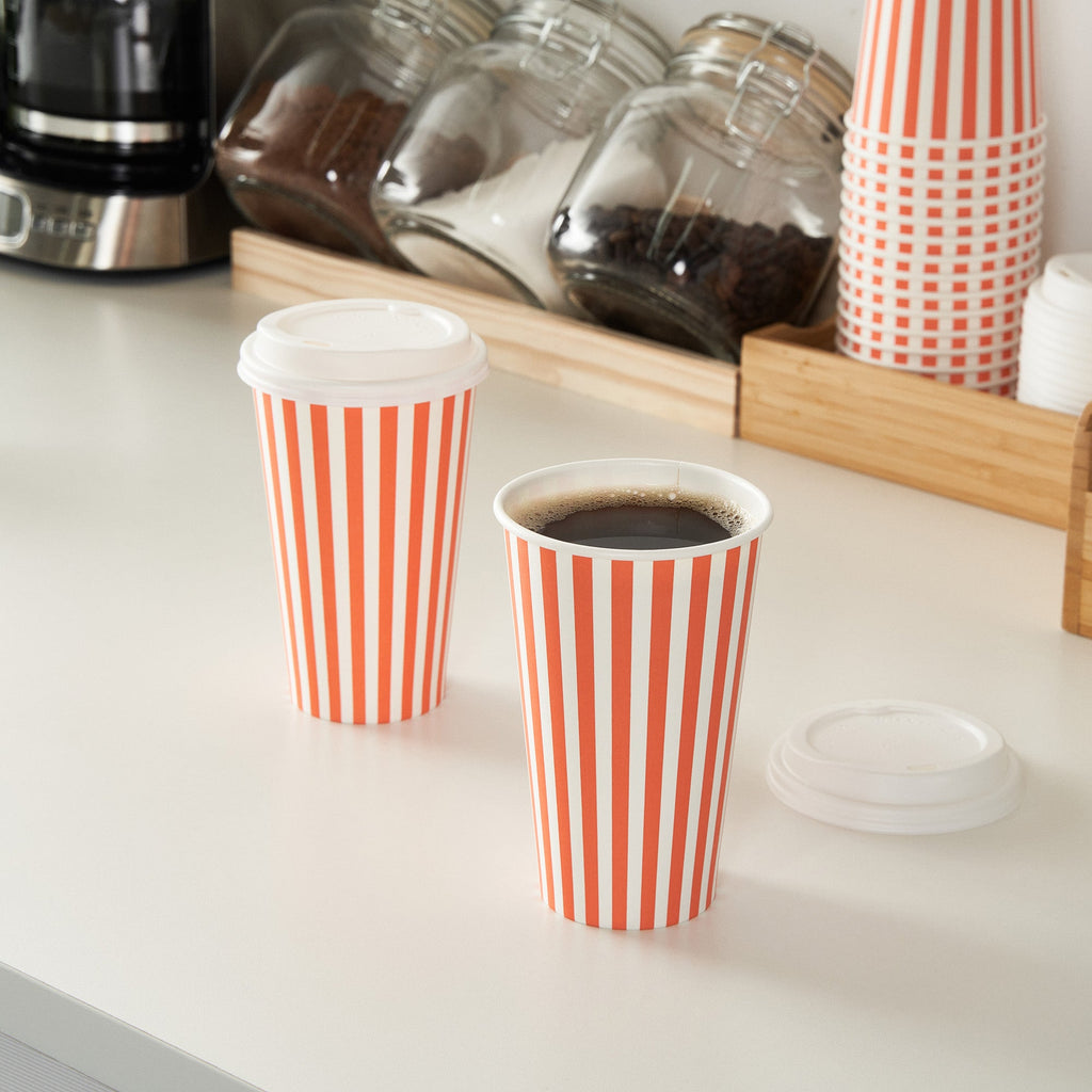 Restpresso 16 oz Orange and White Stripe Paper Single Wall Coffee Cup - with White Lid - 3 1/2"x 3 1/2"x 5 3/4" - 20 count box