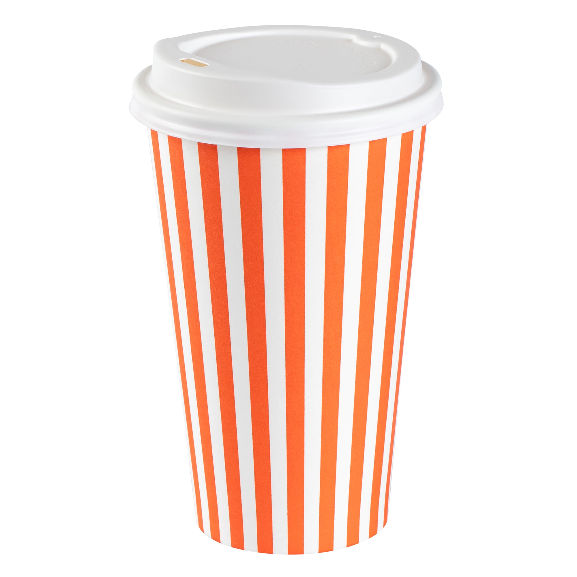 Restpresso 16 oz Orange and White Stripe Paper Single Wall Coffee Cup - with White Lid - 3 1/2"x 3 1/2"x 5 3/4" - 20 count box
